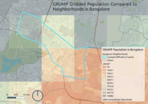 Figure A. The GRUMP data set for population in Bangalore with the neighborhoods overlaid show that these spatially-derived population density estimates may be too coarse in resolution at  the neighborhood scale. While the GRUMP data shows promise for future iterations, it is not viable to estimate the population density within the transit walksheds. (Source: CIESIN, 2017.)