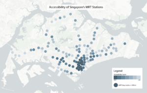 Figure E. Transit accessibility score results across Singapore for neighborhoods surrounding MRT stops (darker colors correspond to higher scores).