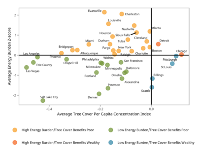 Relationship between U.S. city-wide tree cover per capita concentration index and energy burden.