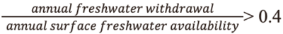 The water stress indicator target is a ratio of annual surface freshwater water withdrawal, relative to annual surface freshwater availability, below 0.4