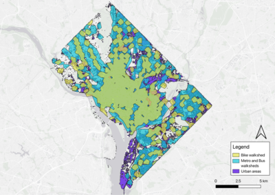 Distribution of bike stations, buses, and metro walksheds overlaid over Washington DC’s urban areas.