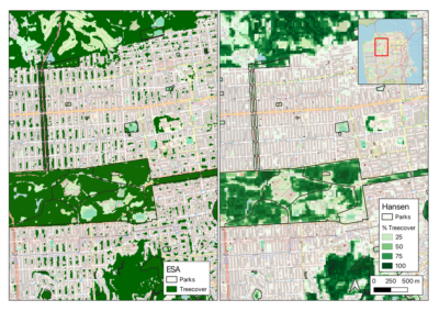 Figure B. Green spaces and park areas identified in Sao Paulo (left plot), against satellite imagery from Google Maps (right plot)