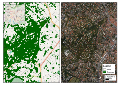 Figure A. Map of tree cover in San Francisco, as identified by ESA (left ) and Hansen (right), and park areas (both plots).