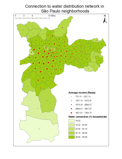 Maps compare how average income levels vary alongside the lack of household water supply and sanitation across neighborhoods in Sao Paulo, Brazil. Data Source: Resultados do Universo do Censo Demográfico 2010.