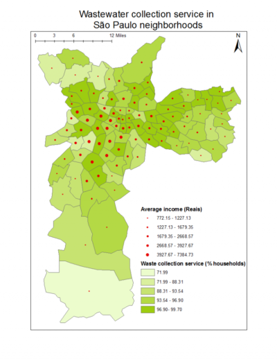 Maps compare how average income levels vary alongside the lack of household water supply and sanitation across neighborhoods in Sao Paulo, Brazil. Data Source: Resultados do Universo do Censo Demográfico 2010.