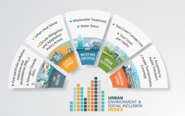 Categories of environmental issues and indicators assessed in the 2018 pilot version of the Urban Environment and Social Inclusion Index (UESI).